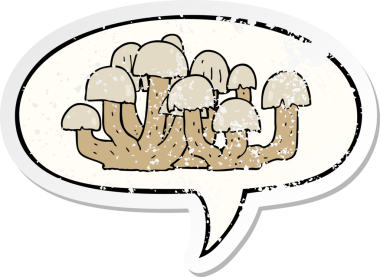 Konuşma baloncuğu olan çizgi film mantarı bir insan tarafından çizilmiş sıkıntılı eski bir çıkartma