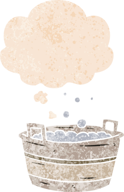 Düşünce baloncuğu ve grunge ile eski bir karikatür eski teneke banyo bir insan tarafından çizilmiş sıkıntılı retro stil