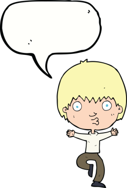 Bir insan tarafından çizilmiş konuşma balonu olan heyecanlı bir çocuk.