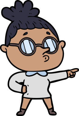 Bir insan tarafından çizilmiş gözlüklü bir karikatür kadın.