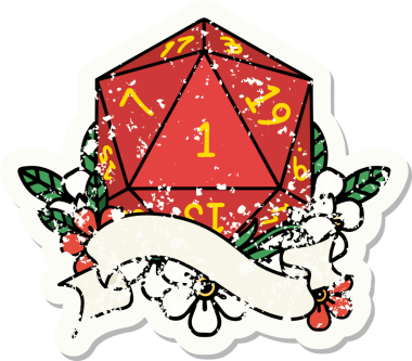 Bir insan tarafından çizilmiş doğal bir d20 zarının grunge çıkartması.