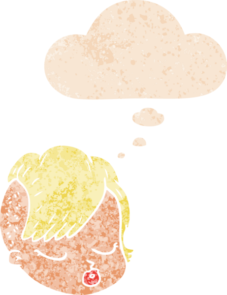 Düşünce baloncuklu karikatür kadın yüzü bir insan tarafından çizilmiş dertli retro tarzı