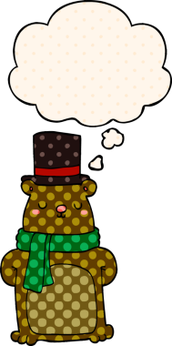 Çizgi roman tarzında bir insan tarafından çizilmiş düşünce kabarcığı olan çizgi film ayısı.