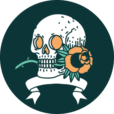 Bir insan tarafından çizilmiş kafatası ve gül şeklinde dövme simgesi