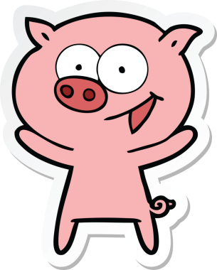 Bir insan tarafından çizilmiş neşeli bir domuz çizgi filminin çıkartması.