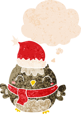 Sevimli noel baykuşu. Düşünce baloncuğu, grunge 'da sıkıntılı retro stili bir insan tarafından çizilmiş.