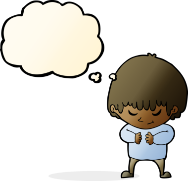 Bir insan tarafından çizilmiş düşünce kabarcığı olan utangaç bir çocuk.