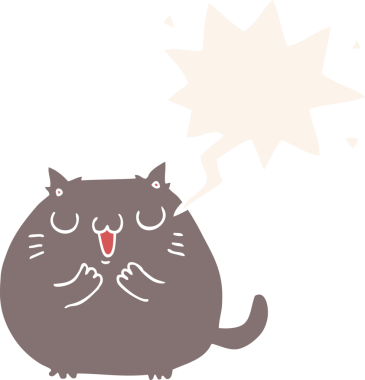 Bir insan tarafından çizilmiş eski moda konuşma balonlu mutlu çizgi film kedisi.