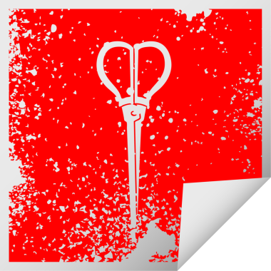 Üzüntülü kare soyma çıkartması. Bir insan tarafından çizilmiş tuhaf sembol makasları.