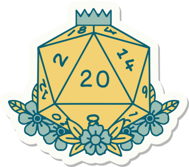 Bir insan tarafından çizilmiş 20 D20 zarının etiketi.