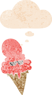 Düşünce baloncuklu çizgi film serin dondurma grunge sıkıntılı retro dokuma tarzı bir insan tarafından çizilmiş