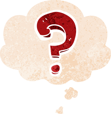 bir insan tarafından çizilmiş grunge sıkıntılı retro biçimli düşünce baloncuğu ile çizgi film soru işareti