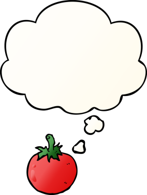 Düşünce baloncuklu çizgi film domatesi, bir insan tarafından çizilmiş düz eğimli bir şekil.