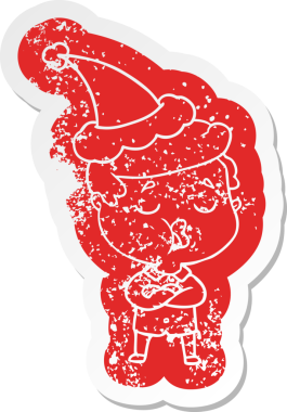 Garip bir karikatür. Bir insan tarafından çizilmiş Noel Baba şapkasıyla konuşan bir adamın sıkıntılı çıkartması.