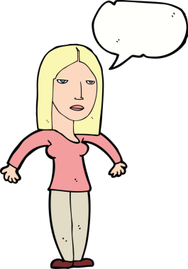 Bir insan tarafından çizilmiş konuşma baloncuğuyla rahatsız bir kadın.