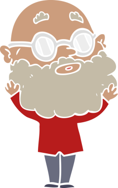 Düz renkli çizgi film meraklısı sakallı ve gözlüklü bir insan tarafından çizilmiş.