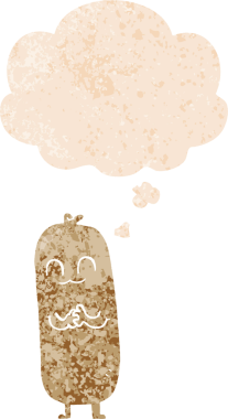 Düşünce baloncuklu çizgi film sosisi grunge sıkıntılı retro dokuma tarzı bir insan tarafından çizilmiş