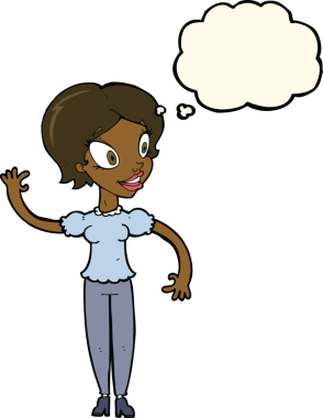 Bir insan tarafından çizilmiş düşünce baloncuğuyla el sallayan çizgi film kadını.