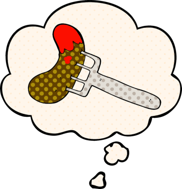 Çizgi roman tarzında bir insan tarafından çizilmiş düşünce baloncuğu olan çatal üzerinde çizgi film sosisi.