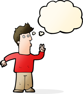 Bir insan tarafından çizilmiş düşünce baloncuğuyla barış işareti yapan çizgi film adamı.