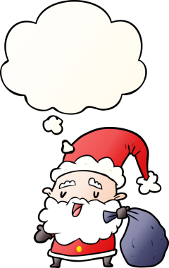 Düşünce baloncuklu çuval ve bir insan tarafından çizilmiş yumuşak eğimli noel baba çizgi filmi.