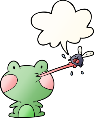 Bir insan tarafından çizilmiş dil baloncuğuyla sineği yakalayan sevimli çizgi film kurbağası.