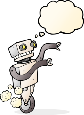 Bir insan tarafından çizilmiş düşünce baloncuklu komik robot.