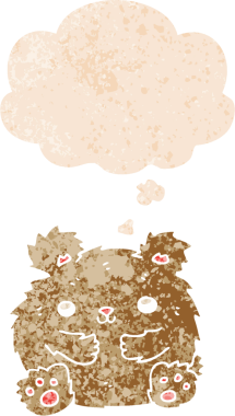 Bir insan tarafından çizilmiş grunge sıkıntılı retro tarzı düşünce baloncuğu ile sevimli çizgi film ayısı