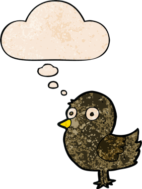 Bir insan tarafından çizilmiş grunge desenli düşünce baloncuklu çizgi film kuşu.