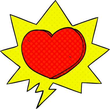 Bir insan tarafından çizilmiş çizgi roman tarzında konuşma baloncuğu olan karikatür kalp.