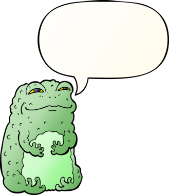 bir insan tarafından çizilmiş, konuşma baloncuklu kendini beğenmiş çizgi film karakurbağası.