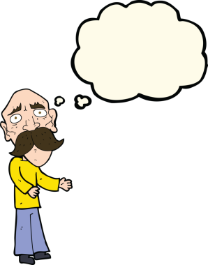 Bir insan tarafından çizilmiş düşünce baloncuğu olan yalnız yaşlı adam çizgi filmi.