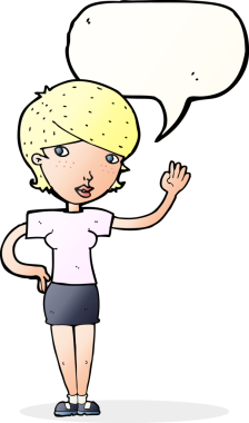 Bir insan tarafından çizilmiş bir konuşma balonuyla el sallayan çizgi film kadını.