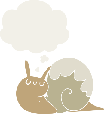 Düşünce baloncuğu insan tarafından çizilmiş sevimli çizgi film salyangozu.