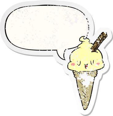 Konuşma baloncuklu tatlı çizgi film dondurması bir insan tarafından çizilmiş sıkıntılı eski bir çıkartma