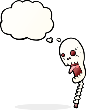 Bir insan tarafından çizilmiş düşünce baloncuklu komik bir kafatası.