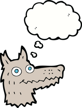 Bir insan tarafından çizilmiş düşünce balonlu bir kurt kafası.