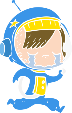 Düz renkli çizgi film ağlayan astronot kız bir insan tarafından çizilmiş.