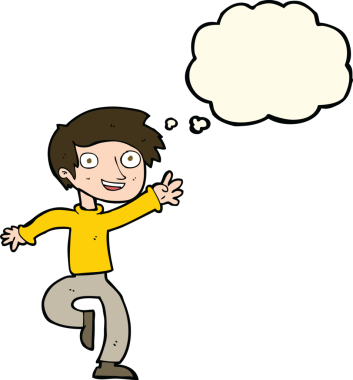 Bir insan tarafından çizilmiş düşünce baloncuğuyla dans eden heyecanlı çocuk.