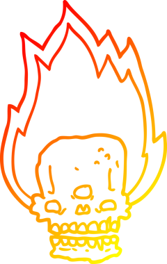 Ürkütücü bir çizgi film karakteri, bir insan tarafından çizilmiş alevli kafatası.