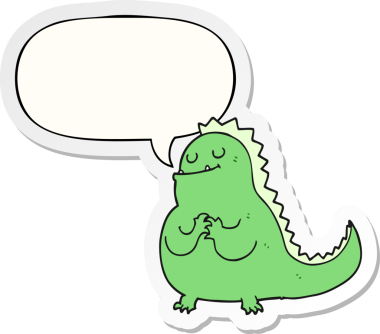 Bir insan tarafından çizilmiş konuşma balonu çıkartmalı karikatür dinozoru.