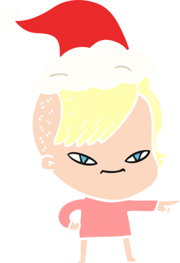 Sevimli el çizimi düz renk çizimi. Hipster saç kesimi olan bir kız. Noel Baba şapkası takıyor.