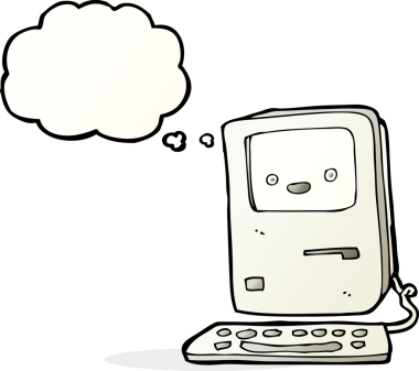Bir insan tarafından çizilmiş düşünce baloncuklu eski bir bilgisayar.