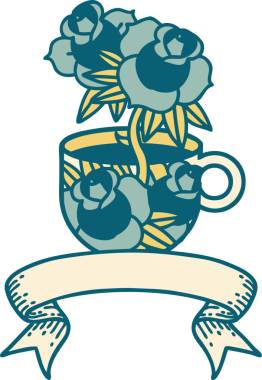 Geleneksel dövmeli bir kupa ve bir insan tarafından çizilmiş çiçekler.