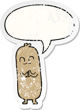 Konuşma baloncuklu çizgi film sosisi bir insan tarafından çizilmiş sıkıntılı eski bir çıkartma