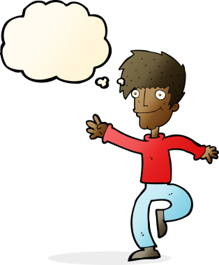 Bir insan tarafından çizilmiş düşünce baloncuğuyla dans eden mutlu adam çizgi filmi.