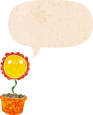 Bir insan tarafından çizilmiş grunge dertli retro biçimli konuşma baloncuklu karikatür çiçeği