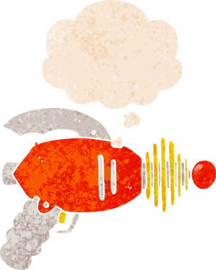 Düşünce baloncuklu karikatür ışın tabancası bir insan tarafından çizilmiş dertli retro desen tarzı