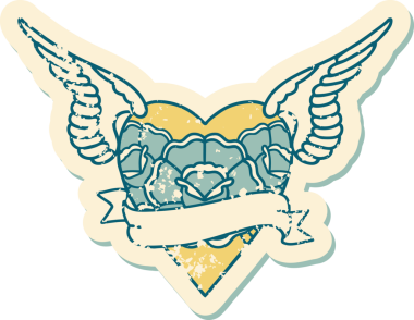 İkonik sıkıntılı dövme stili kanatlı kalp resmi çiçekler ve bir insan tarafından çizilmiş pankart