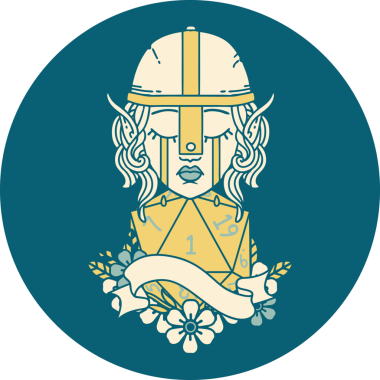 Retro Dövme Tarzı Ağlayan Elf Savaşçısı karakteri yüzü ve bir insan tarafından çizilmiş D20 rulosu.